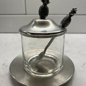 Vitg Woodbury Pewterers Pewter Pineapple Finial Lid Jam Jar w/Plate Glass/Spoon